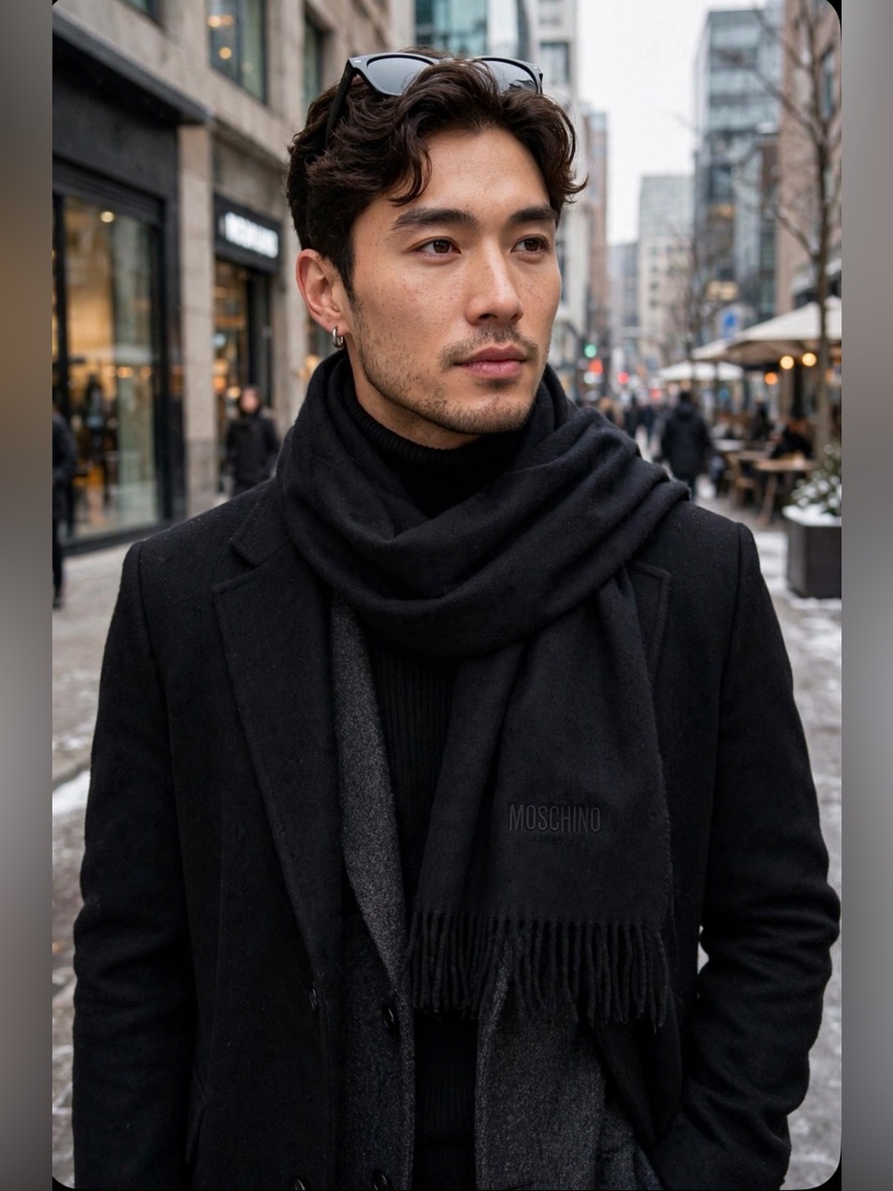 Moschino Black 100% Merino Wool Fringe Scarf for Men